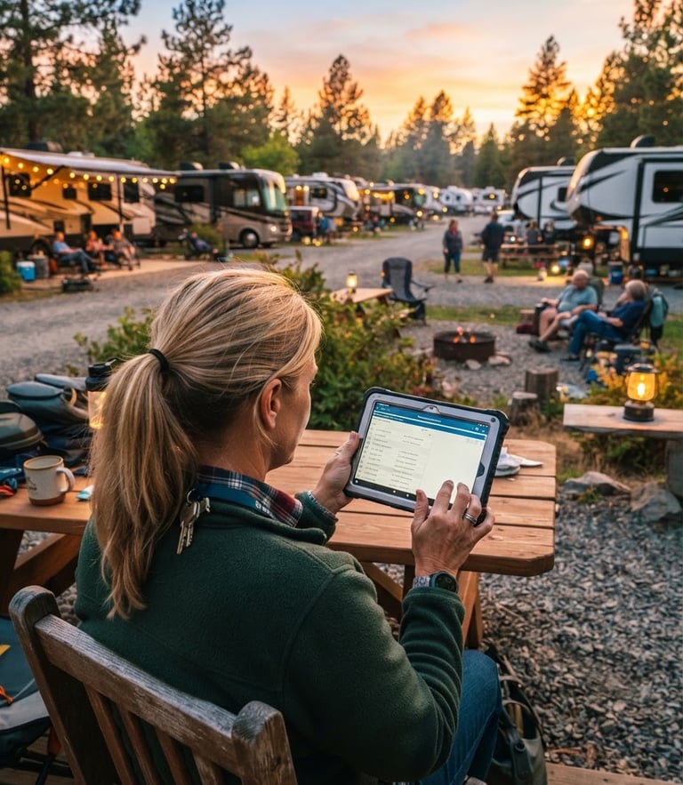 Over-the-shoulder shot of a camp host using a tablet outdoors at golden hour, beautiful RV park at dusk in the background, warm natural tones