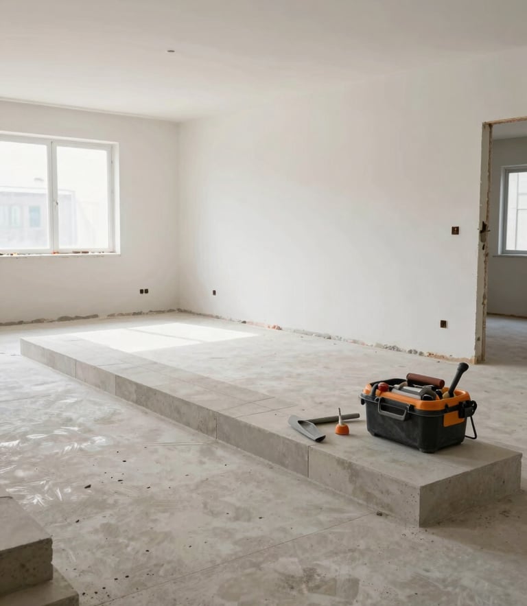 Wide-angle shot of a brightly lit, clean commercial space under renovation, showing precise masonry alignments and a tidy tool setup, natural daylight.