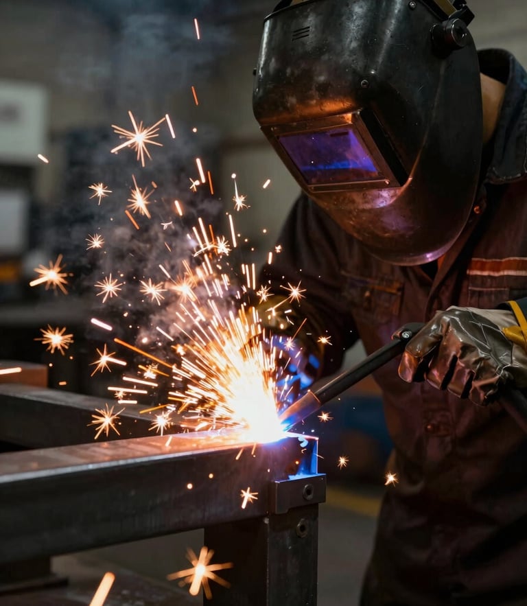 Close-up of a welder in a dark workshop, bright orange sparks flying from a steel joint, dramatic lighting, high contrast