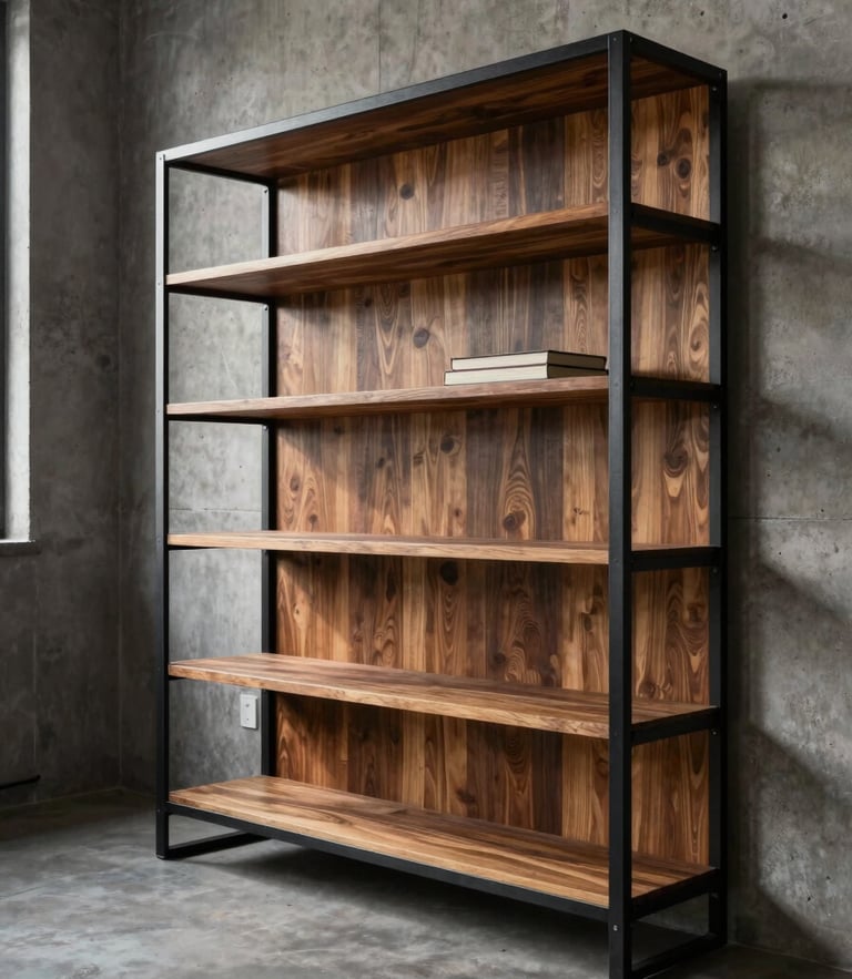 Wide portrait of a custom double-height industrial bookshelf made of black metalon steel and warm angelim wood, standing in a modern concrete loft with dramatic side lighting.