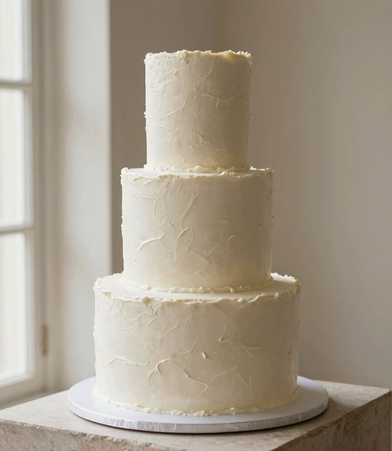 A minimalist three-tier wedding cake with textured white buttercream, standing on a stone pedestal, soft side-lit window daylight