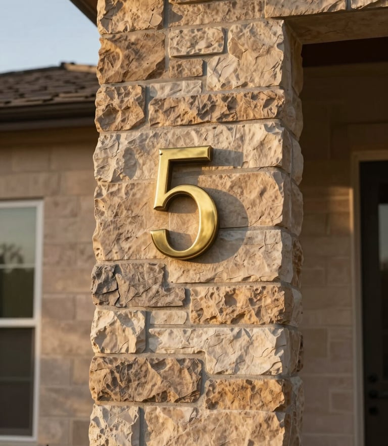 An editorial close-up of a modern West Texas home exterior, showcasing warm natural stone textures and polished brass house numbers, bathed in soft diffused late afternoon sunlight.