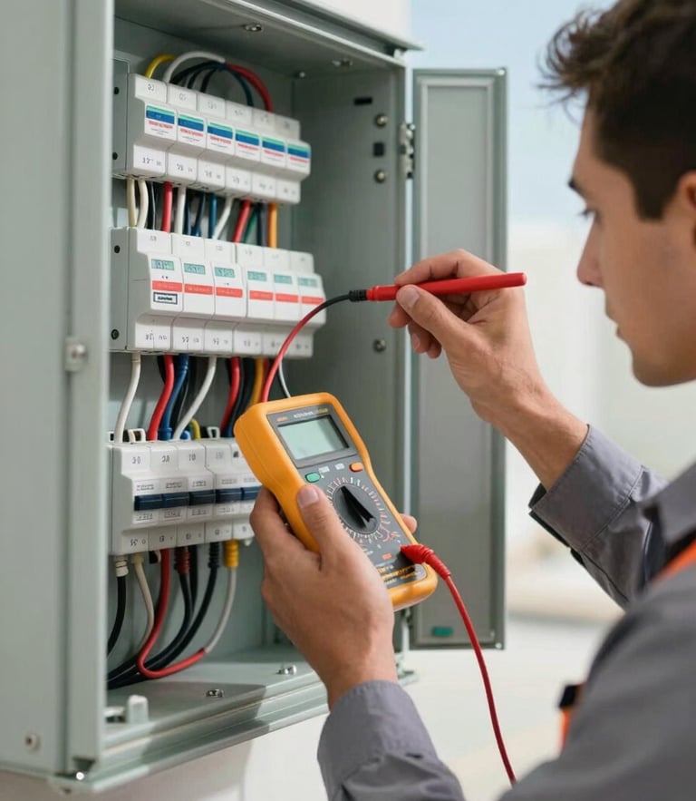 Close-up of a certified Dubai electrician in a clean uniform carefully testing a modern, neatly wired distribution board with a digital multimeter under bright, clear daylight.