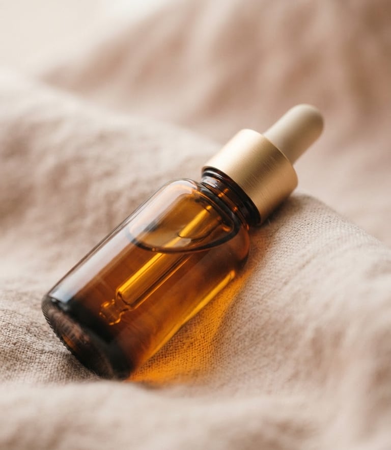 Warm editorial photography of a glass dropper bottle resting on a soft beige linen background, diffused morning window light, macro depth of field.