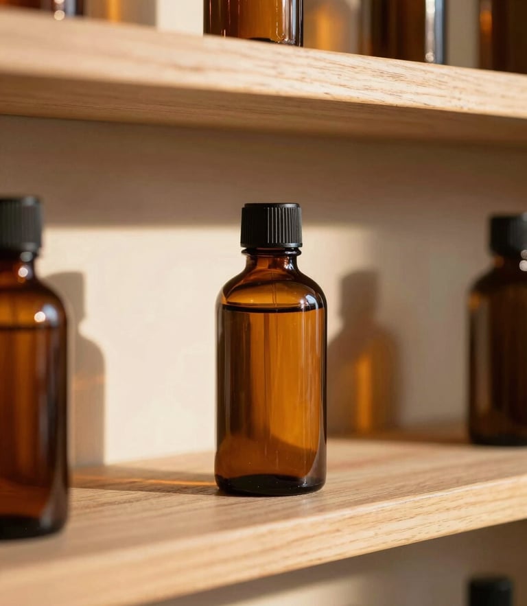 Warm sun-drenched close-up of amber botanical bottles on wooden shelves, soft golden hour shadows, terracotta tones, shallow depth of field