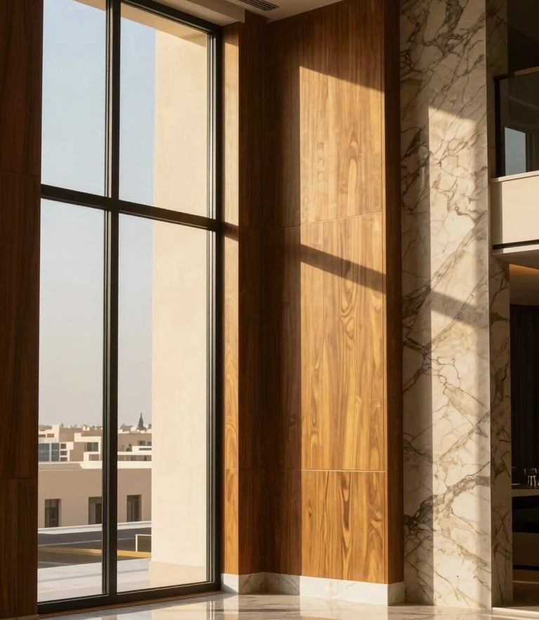 Luxury villa interior in Riyadh, warm golden-hour sunlight streaming through floor-to-ceiling windows, highlighting flawless wood paneling and marble alternative textures, sharp focus, 35mm