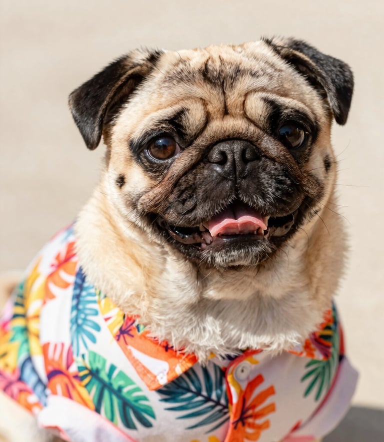 A joyful pug wearing a colorful tropical shirt looking directly at the camera, bright warm daylight, eye-level close-up