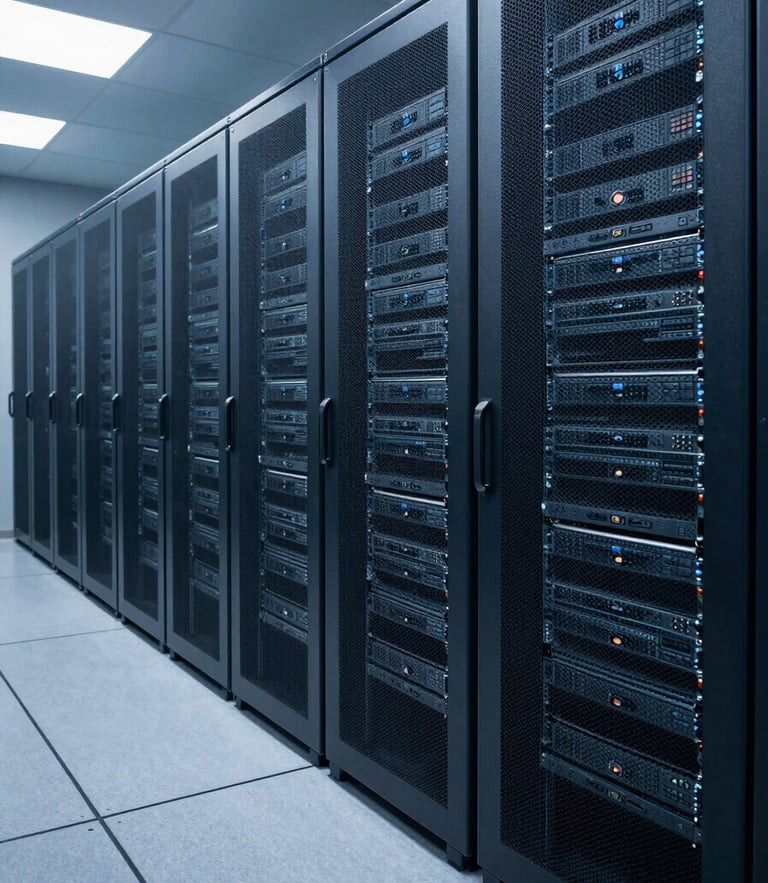 Wide angle, perfectly level shot of clean server racks in a secure data center, cool blue and slate gray lighting, structured layout, B2B institutional style.