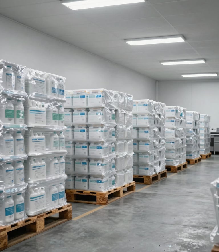 A perfectly level, wide architectural shot of a clean, sterile warehouse interior. Neatly stacked pallets of medical supplies under cool fluorescent lighting, slate grey concrete floor.