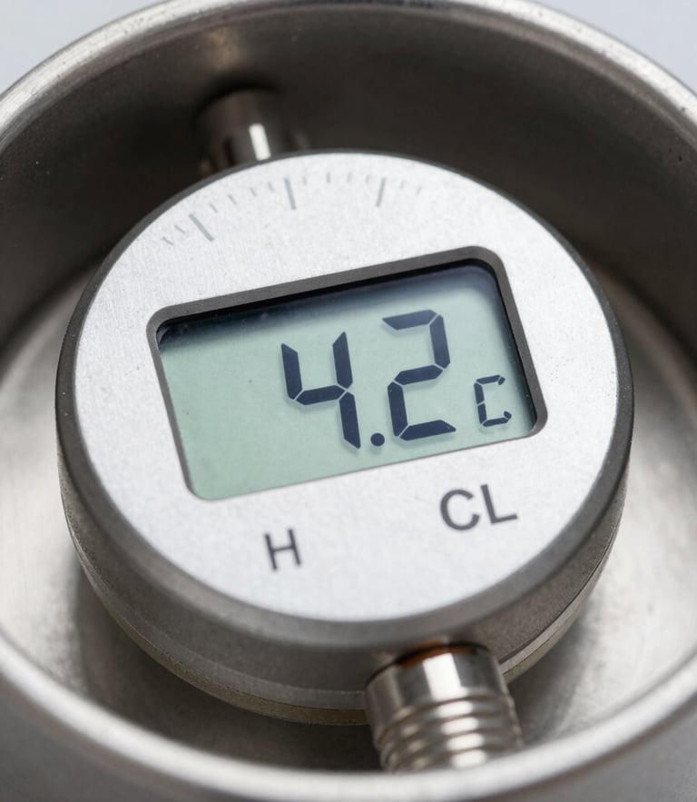 Macro shot of a calibrated digital temperature sensor displaying exactly 4.2 degrees Celsius inside a sterile stainless steel container, sharp cold white lighting.