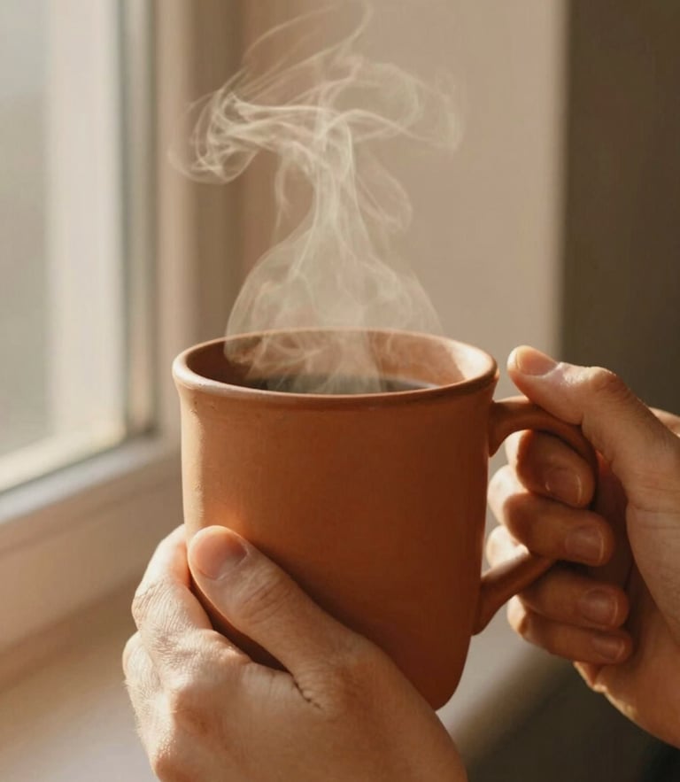 A close-up of a warm terracotta mug being held by two hands, soft golden-hour window light, steam rising gently, 35mm film.