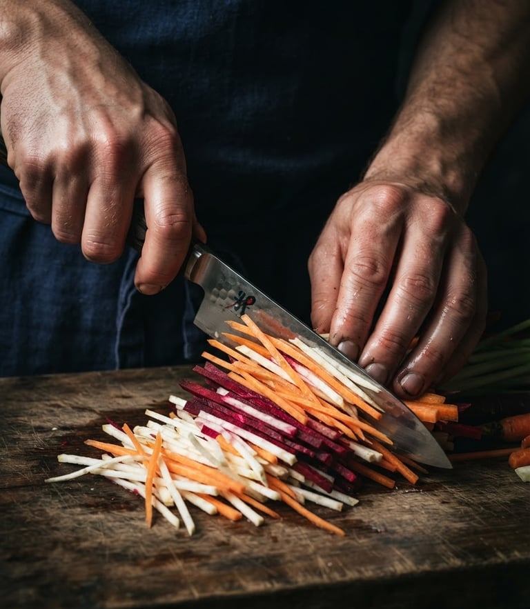 Dramatic close-up of chef hands performing a precise julienne cut on raw heritage vegetables, side-lit chiaroscuro, dark background, macro lens, 35mm