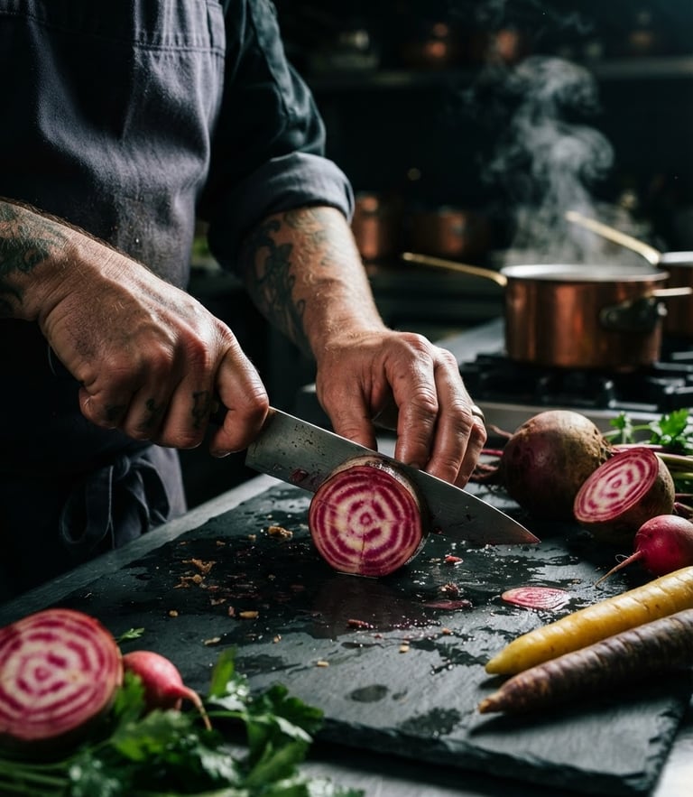 Dramatic side-lit chiaroscuro shot of a chef's hands precisely slicing raw heritage vegetables on a dark slate surface, steam rising subtly in the background, 35mm