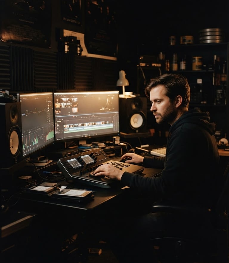 Moody cinematic film photo of an editor working in a dimly lit studio, warm soft glow from a monitor illuminating their face, rich shadows, 35mm anamorphic lens