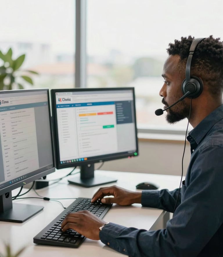 Bright, natural daylight office in Accra with professional Ghanaian CX specialists wearing modern headsets, working on dual-monitor setups displaying modern ticketing dashboards.