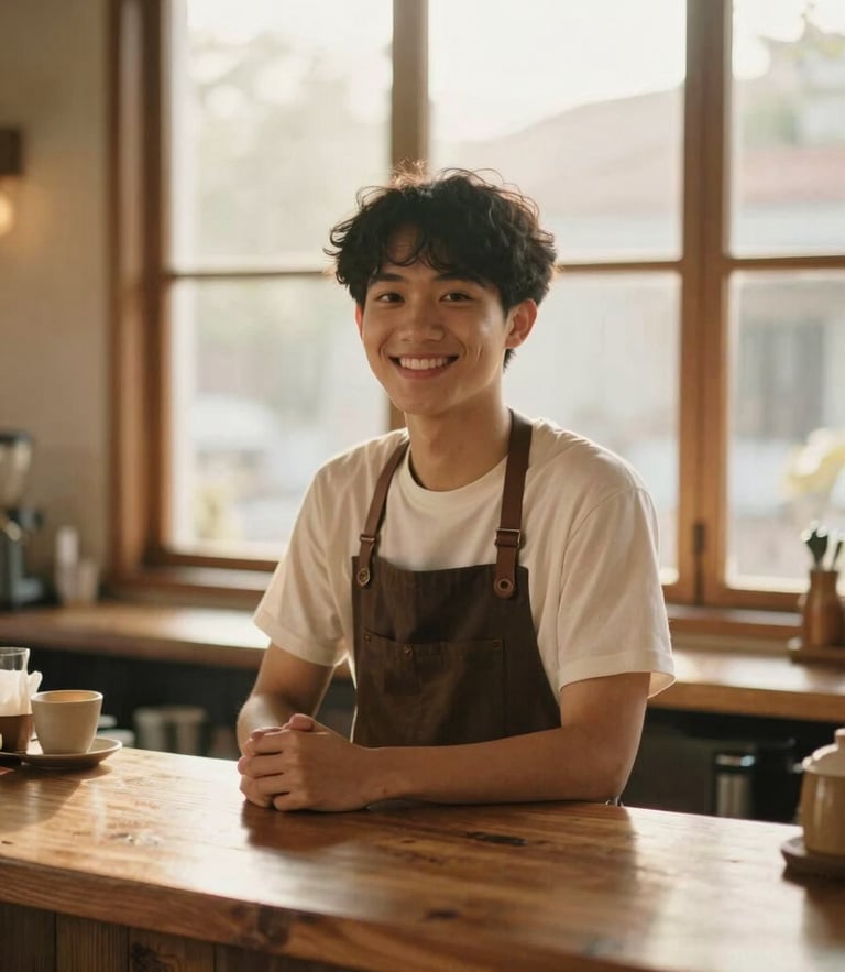 Warm portrait of a young Vietnamese barista smiling naturally behind a wooden bar counter, soft golden-hour window light, organic tones