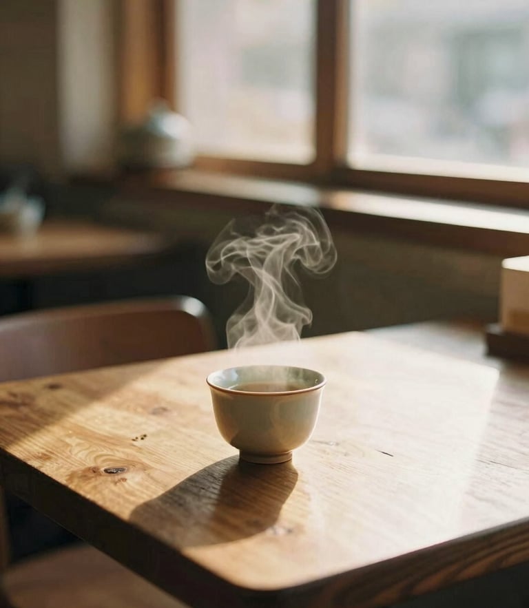 Warm editorial photography of a sunlit wooden table in a cozy tea lounge, steam rising gently from a ceramic cup, soft golden-hour window light, shallow depth of field, 35mm film