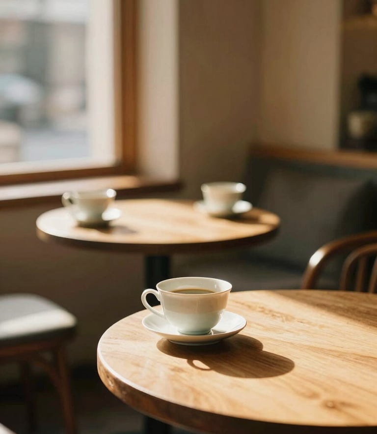 Cozy sunlit corner of a premium tea lounge, warm golden-hour light streaming through a window, soft shadows on wooden tables, elegant ceramic teacups, shallow depth of field, 35mm film