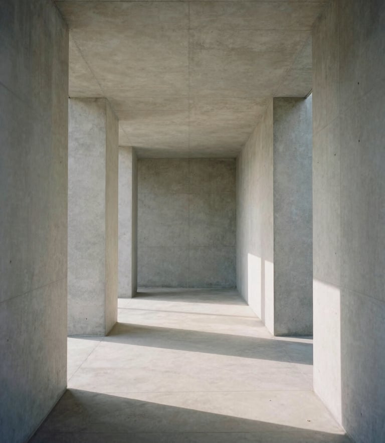 Symmetrical straight-on shot of a minimalist concrete corridor, soft morning daylight casting long geometric shadows on the floor, Hasselblad medium format, muted neutral tones.