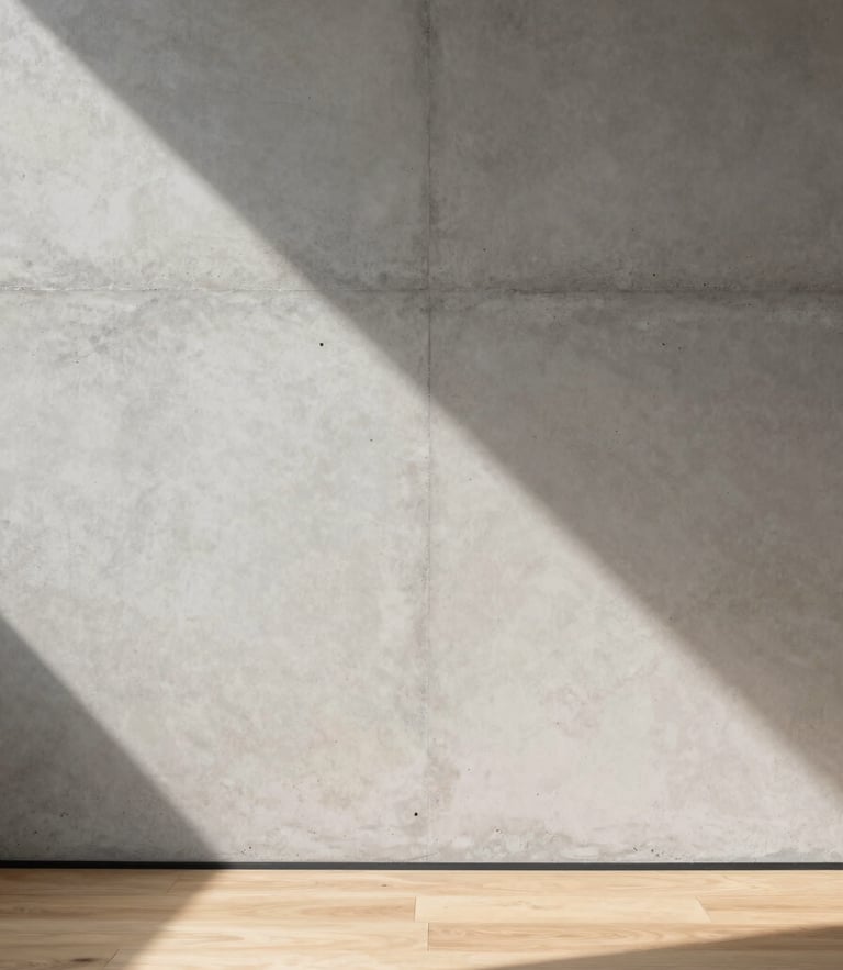 Close-up of raw concrete wall meeting a warm oak floor, soft morning light casting a geometric shadow, Hasselblad medium format.