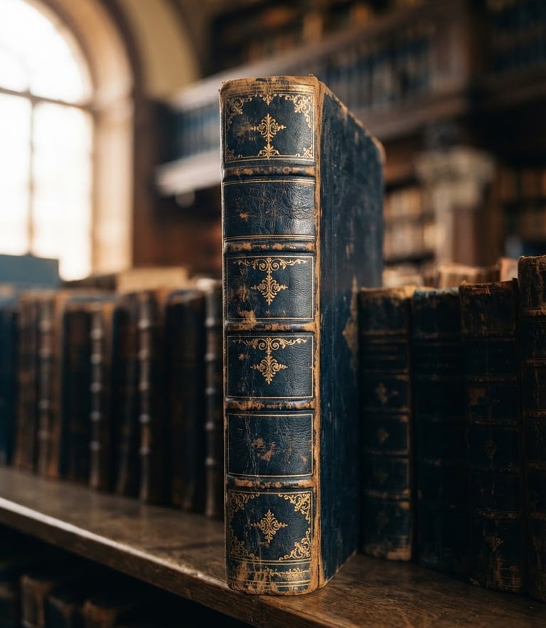 Dignified close-up of a vintage legal volume in a library, warm natural window light, deep navy and gold tones, shallow depth of field