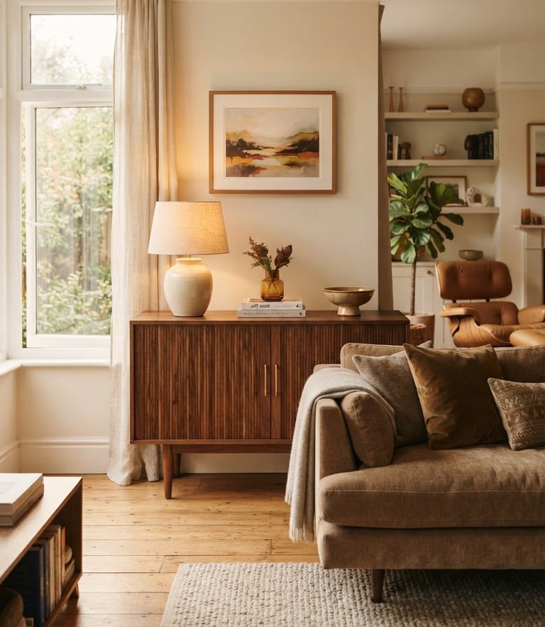 A sunlit modern residential living room with a premium mid-century walnut credenza and a plush sofa, warm amber tones, soft window light, editorial photography.