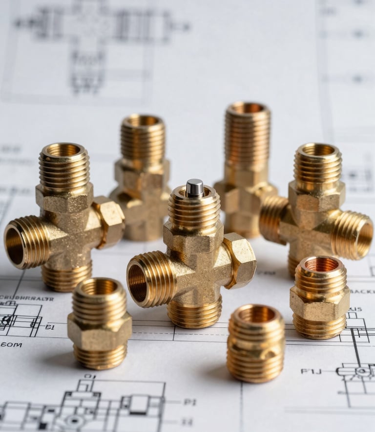 Macro studio shot of heavy-duty brass valves and threaded copper fittings arranged neatly on a blueprint background, bright neutral lighting.