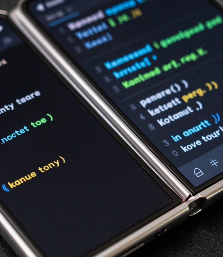 Extreme close-up of a modern Android foldable screen displaying a dark mode IDE with glowing Kotlin syntax highlighting, electric blue and neon green accents reflecting on the device edge.