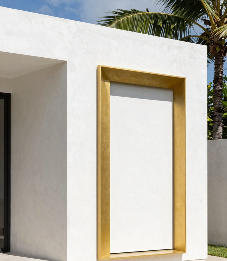 High-contrast architectural shot of a modern villa in Guyana built with 3D panels, bright tropical daylight, clean white concrete finish with premium gold accents