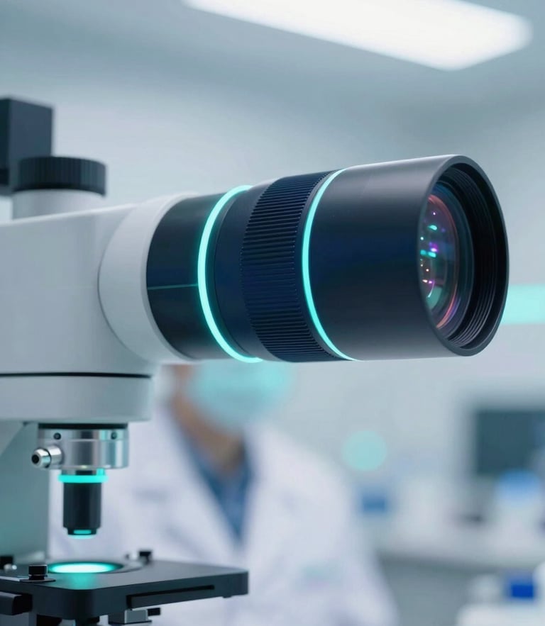 Sleek laboratory researcher in a cleanroom under cool clinical white light with subtle cyan ambient backlighting, macro lens, 35mm