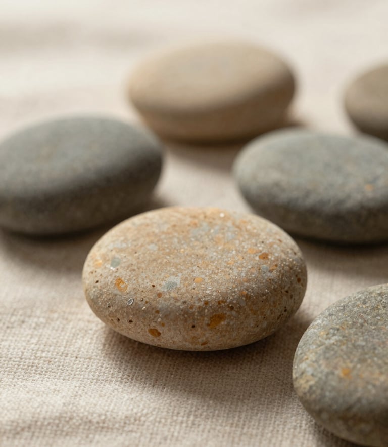 Close-up of smooth warm basalt stones resting on textured organic linen, soft diffused morning light, shallow depth of field