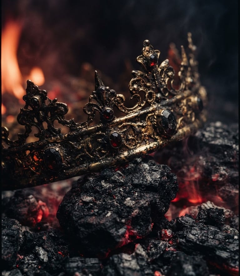 Extreme close-up of a tarnished gold crown resting on scorched black stone, flickering embers casting deep crimson shadows, 35mm cinematic photography.