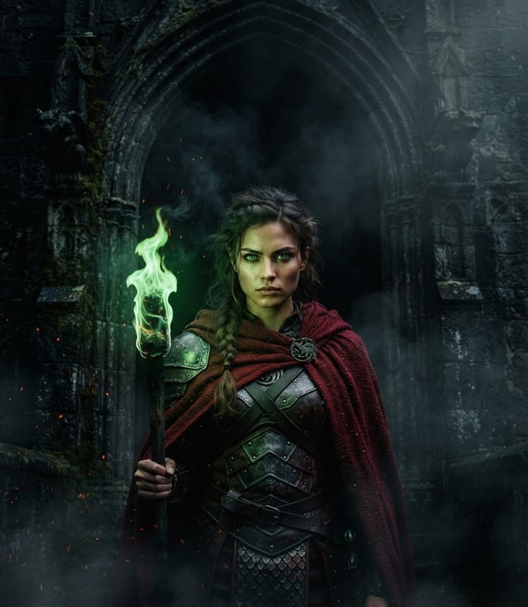 Cinematic portrait of Seraphina, a young dragon rider with intense emerald eyes, standing before a dark stone gothic archway, holding a flickering torch casting green firelight, thick charcoal smoke, 35mm photography.