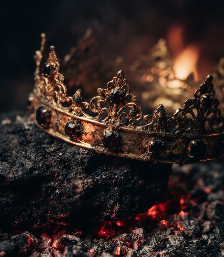 Extreme close-up of a tarnished gold crown resting on scorched black stone, flickering embers casting dramatic red shadows, 35mm cinematic photography.