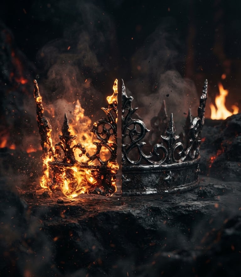 A high-contrast cinematic shot of a gothic iron crown split in half, one side glowing with molten gold, the other side cold tarnished steel, shrouded in dark charcoal smoke and embers.