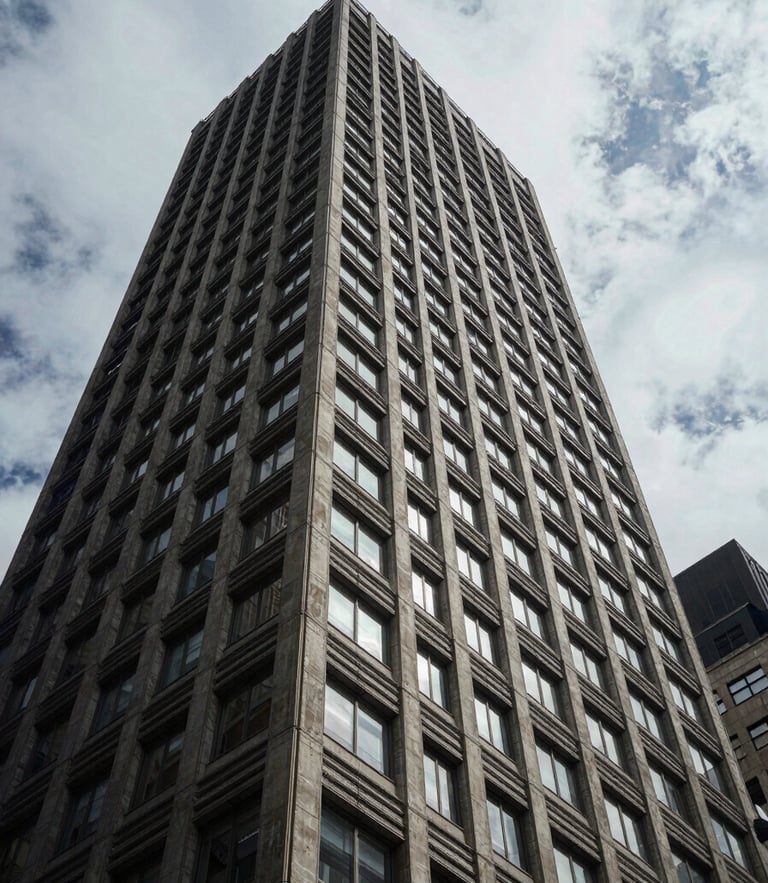 Low-angle architectural shot of a brutalist steel and concrete skyscraper facade against an overcast Manhattan sky, sharp shadows, cool-toned natural light