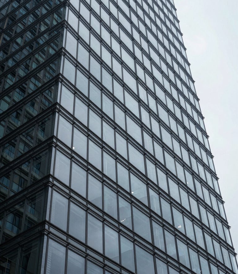 Low-angle architectural crop of a modernist steel-and-glass skyscraper facade under cool overcast light, sharp geometric shadows, minimal composition