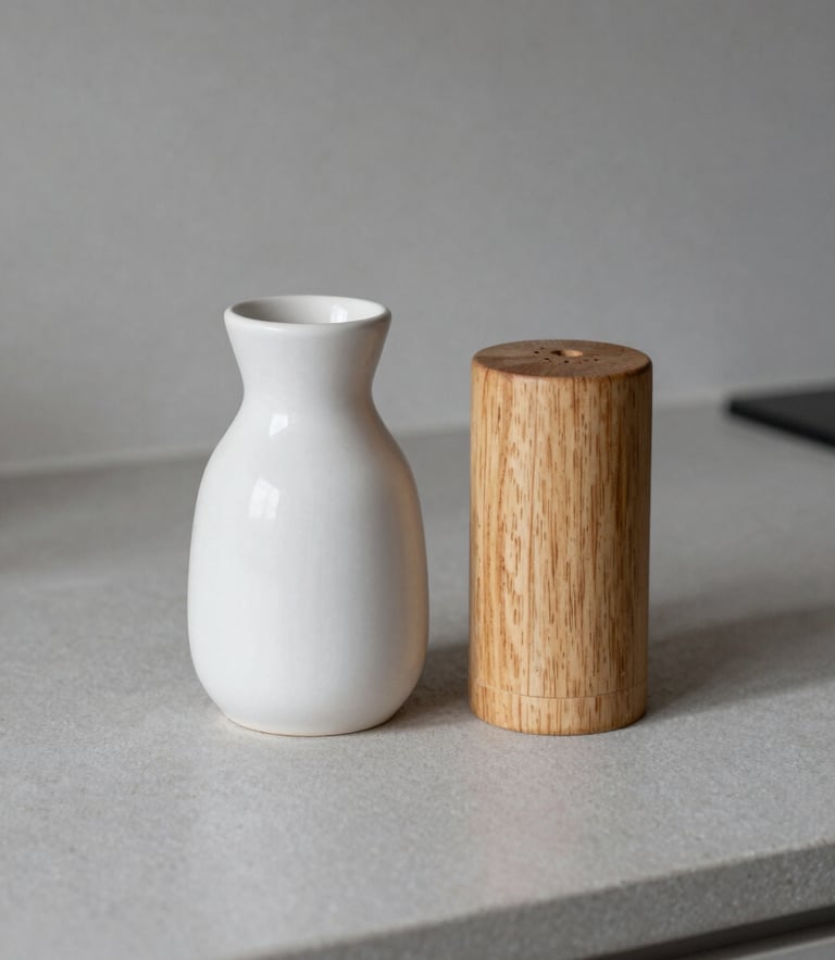 A single matte ceramic oil cruet and a light oak salt cellar resting on a clean gray stone countertop, soft morning light casting gentle shadows, 35mm photography