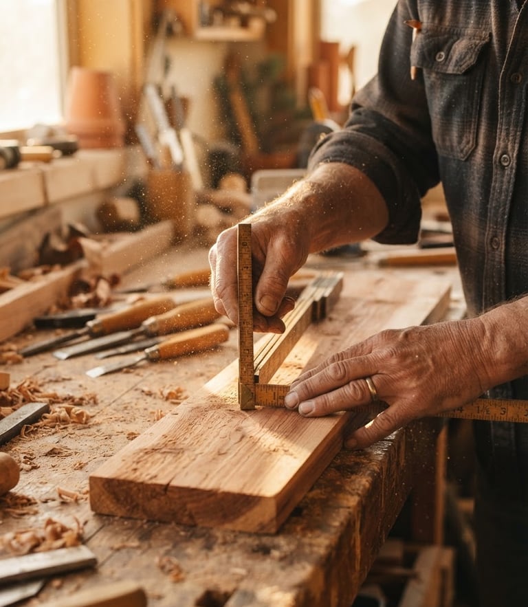 Close-up of a craftsman's hands carefully measuring a raw cedar plank with a brass-trimmed wooden folding rule, warm Arizona golden hour light streaming across the workbench, sawdust particles visible in the air, 35mm lens.