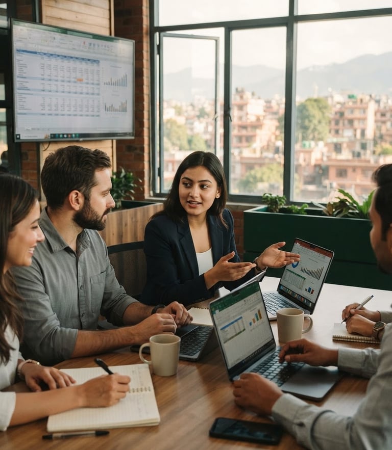 A collaborative corporate training session in a modern Lalitpur office, natural window light, structured financial models on a screen in the background, warm editorial photography