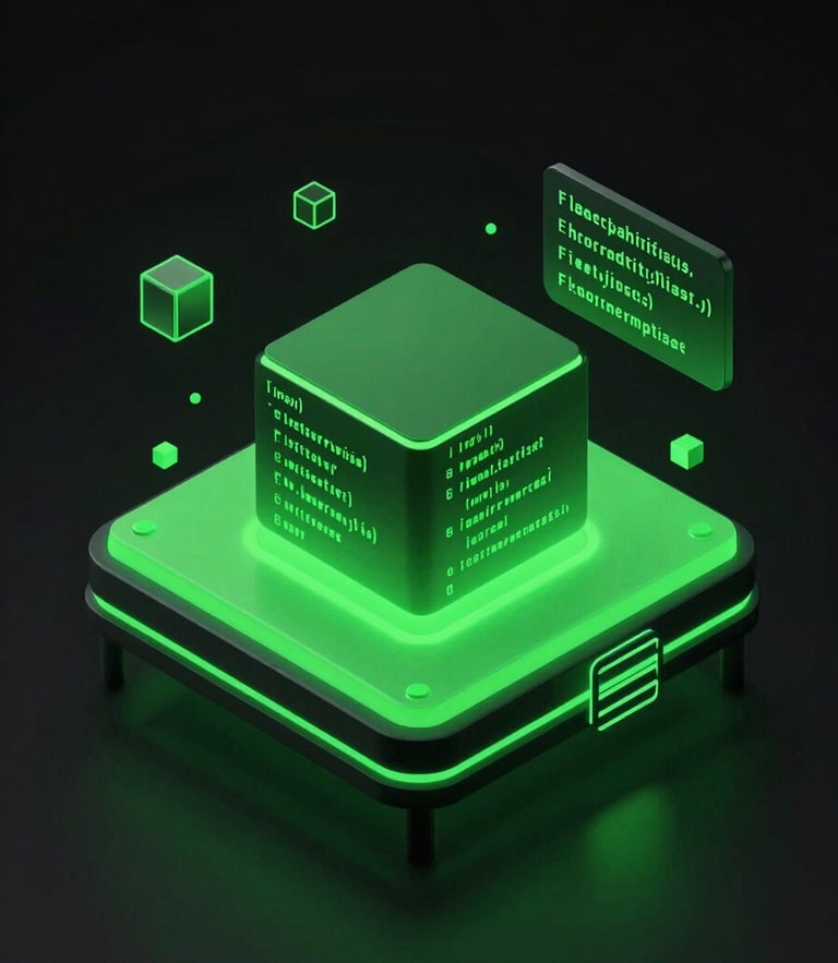 sleek dark-mode 3D render of floating neon nodes and code blocks, vibrant toxic green accent lighting, high-contrast tech aesthetic, isometric view