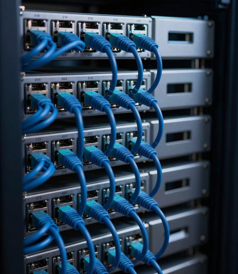 Macro close-up of a high-density server rack with clean blue and teal ethernet cabling, sharp focus, low-key dramatic technical studio lighting