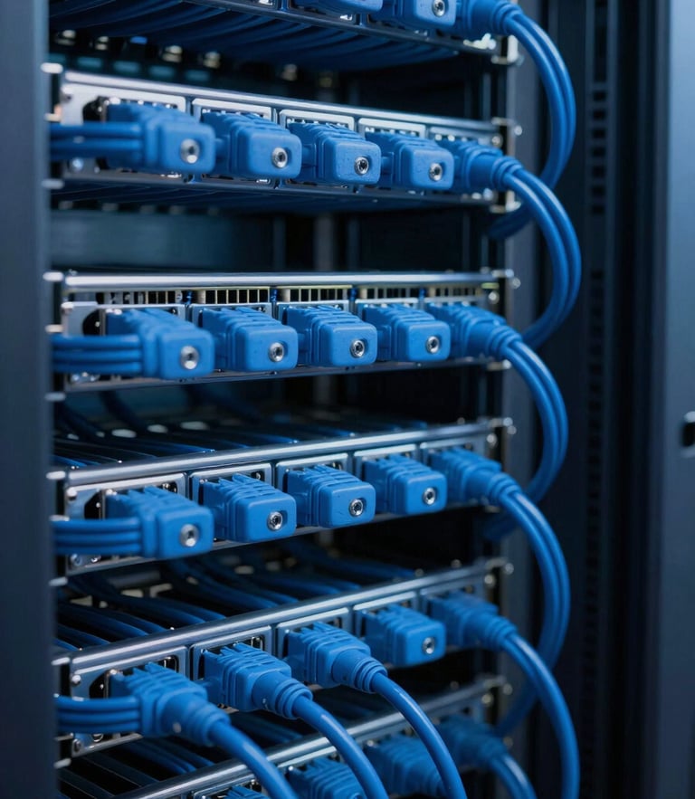 Macro detail of server racks with clean, precision blue cabling, cool dramatic technical lighting
