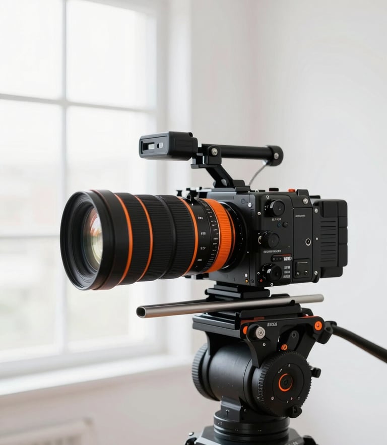 High-key editorial shot of a high-end camera rig on a clean white studio set, bright window light, energetic orange accents, 35mm lens.