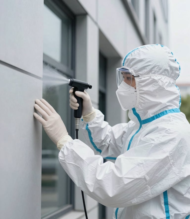 Professional technician in a clean white protective uniform applying precise micro-spraying treatment to a modern building exterior, daylight, clinical framing