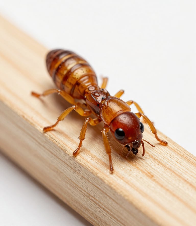 Macro close-up of drywood termite damage on a clean piece of structural pine wood, sterile clinical white background, bright daylight-balanced lighting, high-resolution scientific detail.