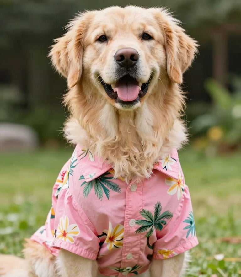 A happy fluffy golden retriever wearing a vibrant pink Hawaiian shirt in a bright sunny garden, eye-level shot, colorful, joyful pet portrait, 50mm lens