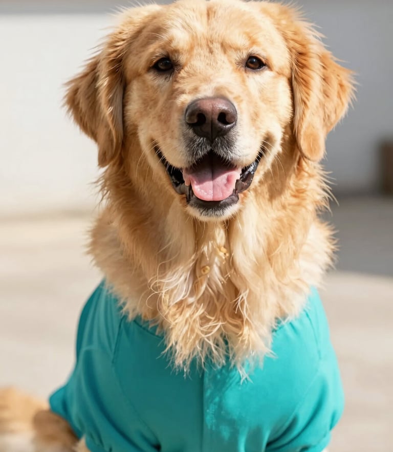 A joyful Golden Retriever wearing a vibrant teal pet shirt, looking at the camera with a happy expression, bright warm daylight, eye-level portrait