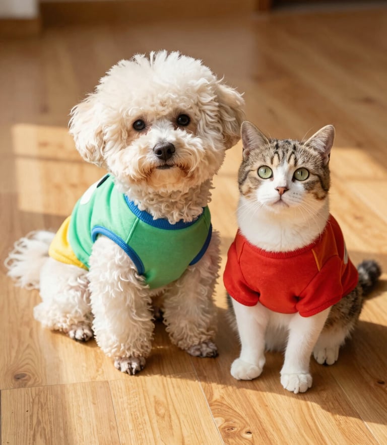 A cute fluffy dog and a curious cat sitting together on a warm wooden floor, wearing colorful handmade matching shirts, bright natural daylight, 50mm lens