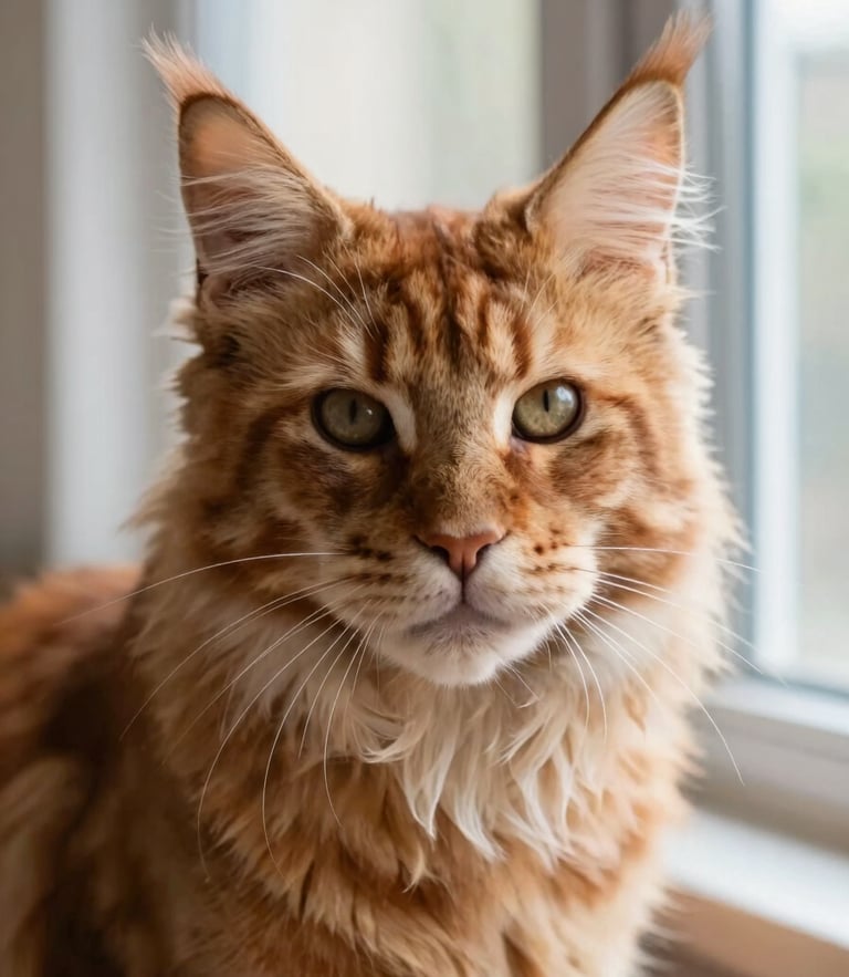 A close-up portrait of a majestic warm-toned Maine Coon cat looking directly at the camera, with prominent ear tufts and thick whiskers, soft natural window light, shallow depth of field.